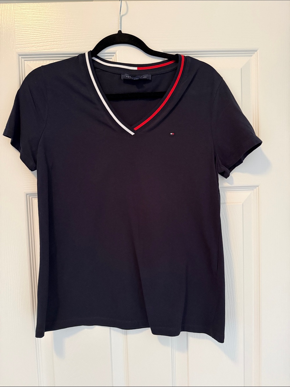 Tommy Hilfiger Navy V-Neck Short Sleeve Tee with Red & White Trim